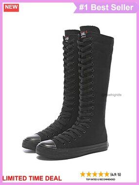 Women's Lace Up Knee High Canvas Boots Zip Fancy School Shoes